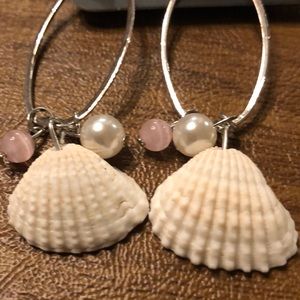 Silver Seashell Earrings with Pink and White Accent Balls